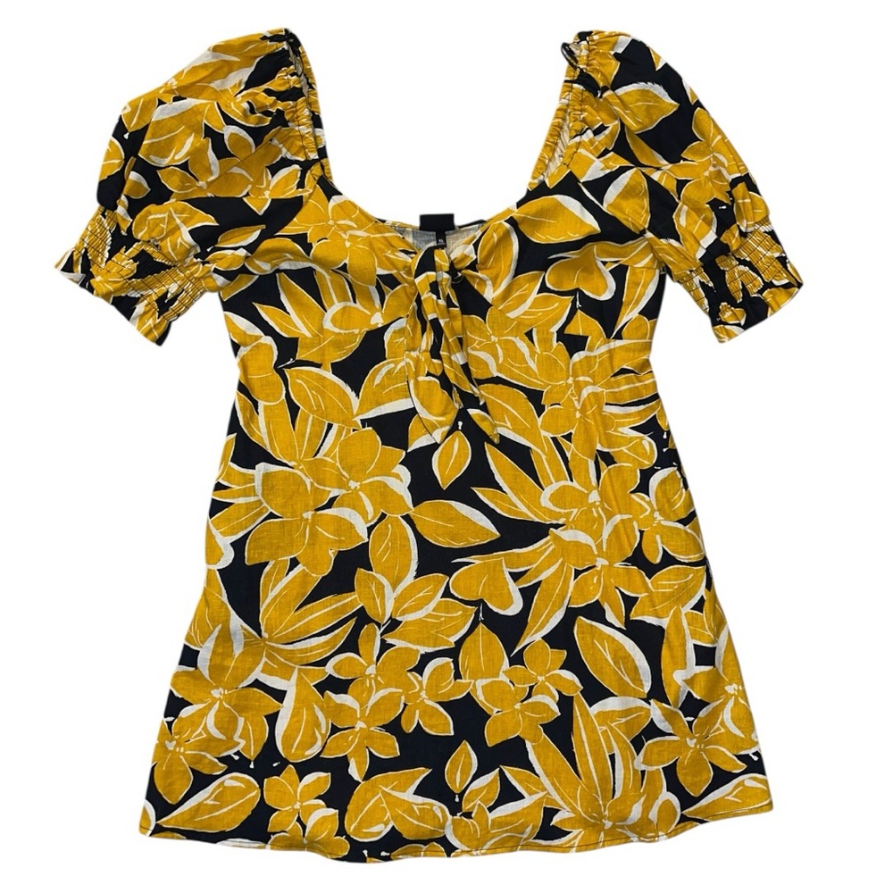Who What Wear Women’s Mini Floral Black & Yellow Print XL Dress - Linen Blend